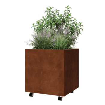 Fioriera in acciaio corten - Quadrato - 60 x 60 x 60 cm - Con piastra di base - Con ruote