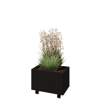 Fioriera in acciaio - Rettangolo - 50 x 30 x 30 cm - RAL9005 opaco (nero) - Con piastra di base - Con ruote