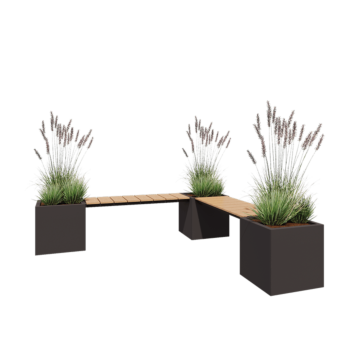 Fioriera in acciaio - Quadrato - Composizione ad angolo - 221,2 x 221,2 x 50 cm - RAL7016 opaco (grigio antracite) - Con piastra di base - Con panchina