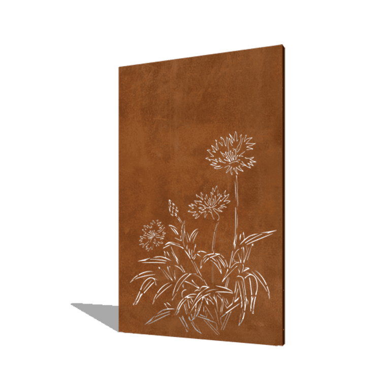 Pannello in acciaio corten con fiordaliso 120 x 6 x 190 cm