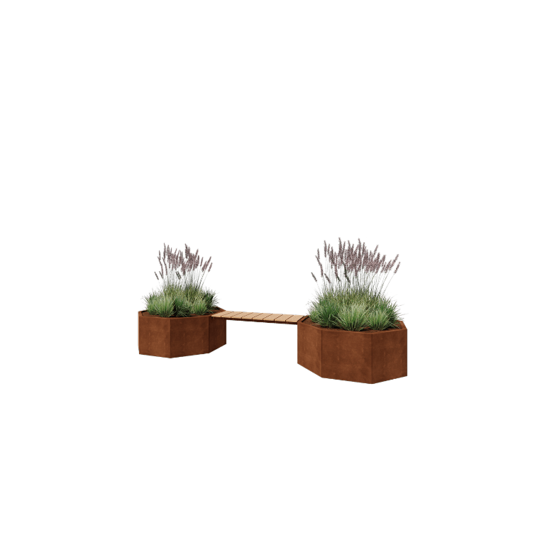Fioriera in acciaio corten - Ottagono - 362,6 x 120,7 x 50 cm - Con panchina - Senza piastra di base