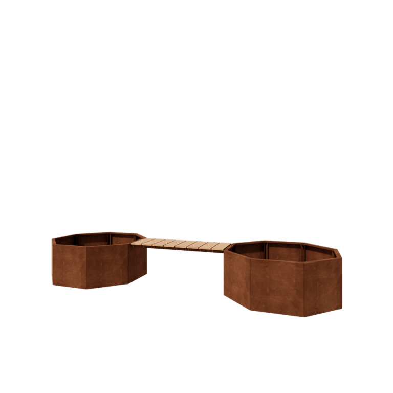 Fioriera in acciaio corten - Ottagono - 362,6 x 120,7 x 50 cm - Con panchina - Senza piastra di base