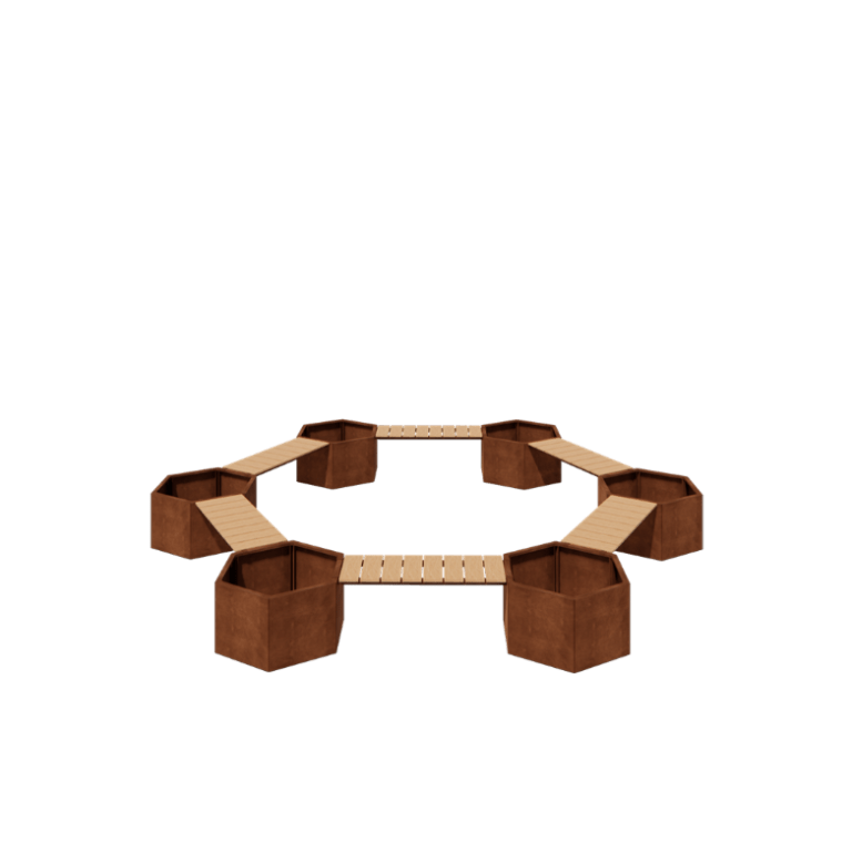 Fioriera in acciaio corten - Composizione tipo falò - 502,2 x 459,2 x 50 cm - Con panchina - Senza piastra di base