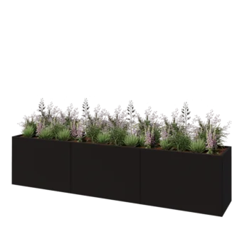 Fioriera XXL in acciaio - Rettangolo - 360 x 60 x 80 cm - RAL9005 opaco (nero) - Con piastra di base