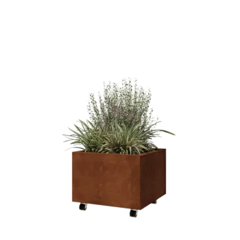 Fioriera in acciaio corten - Quadrato - 60 x 60 x 40 cm - Con piastra di base - Con ruote