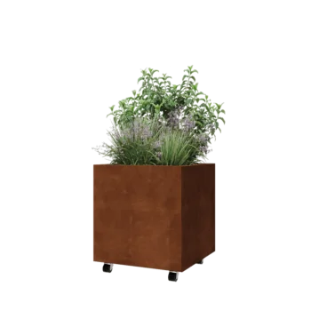 Fioriera in acciaio corten - Quadrato - 60 x 60 x 60 cm - Con piastra di base - Con ruote