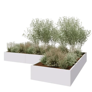 Fioriera in acciaio - Forma a L - 360 x 240 x 40 cm - RAL9010 opaco (bianco) - Con piastra di base
