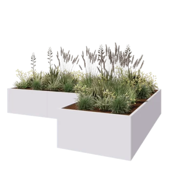 Fioriera in acciaio - Forma a L - 360 x 240 x 60 cm - RAL9010 opaco (bianco) - Con piastra di base